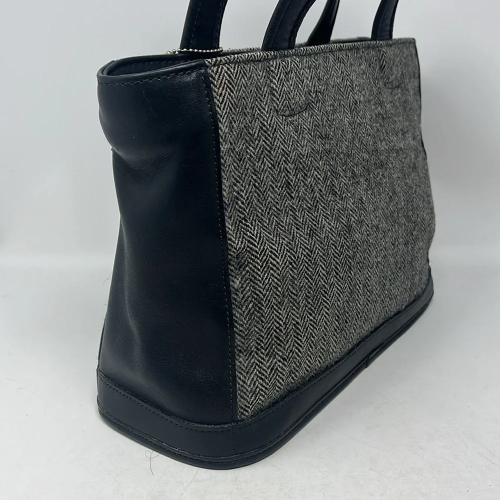 VINTAGE COACH BLEEKER TOTE HERRINGBONE TWEED BLACK LEATHER MADE IN USA 1999 - Picture 4 of 17